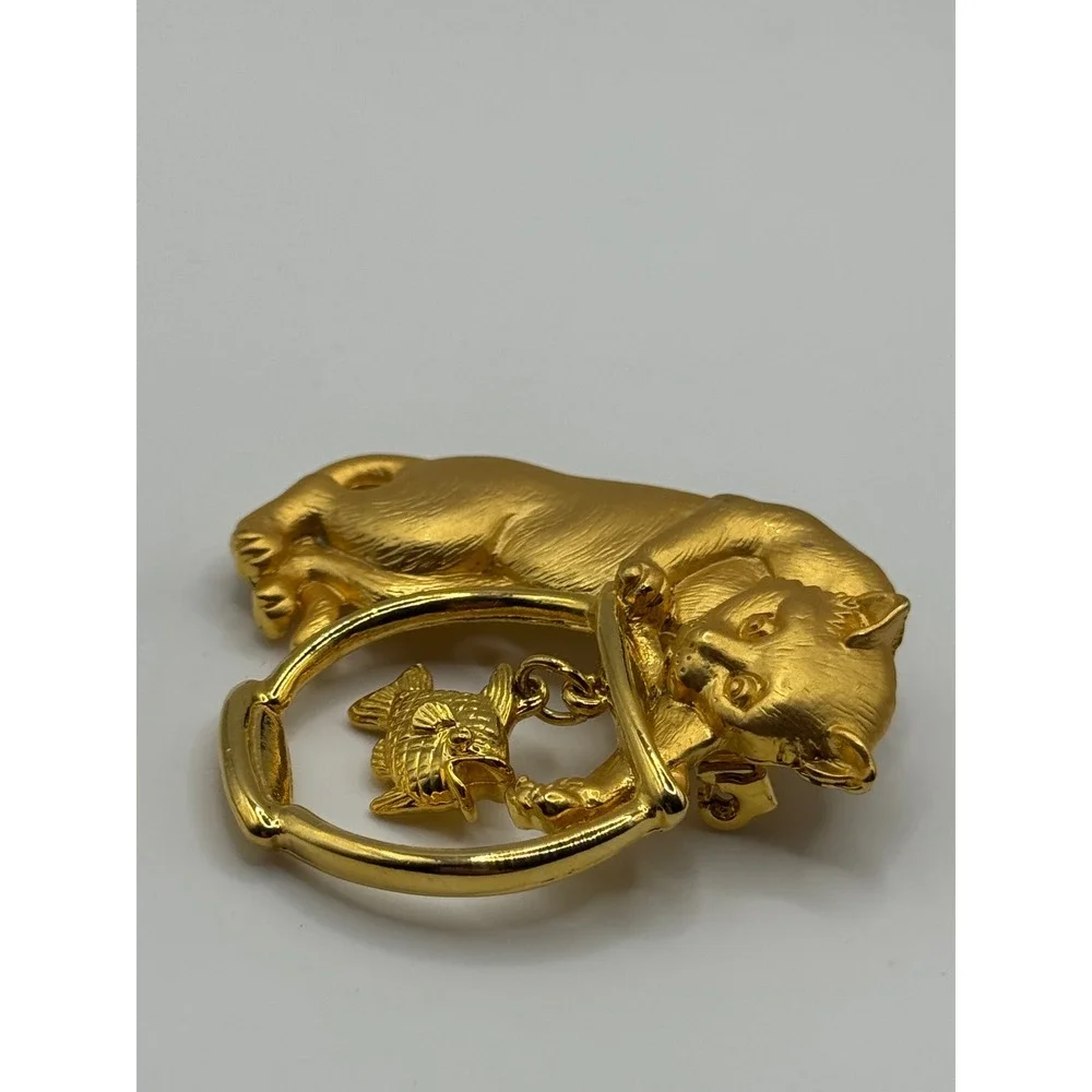 Vintage JJ Jonette Cat Fishbowl Brooch Gold Tone Pin